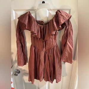 Off-Shoulder Rust Fairycore Boho Ruffle Festival Girlcore Mini Dress, Size XS